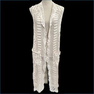 🆕🌸Eye-catching 100% Cotton Hand-crocheted Long Vest w Pockets in Natural